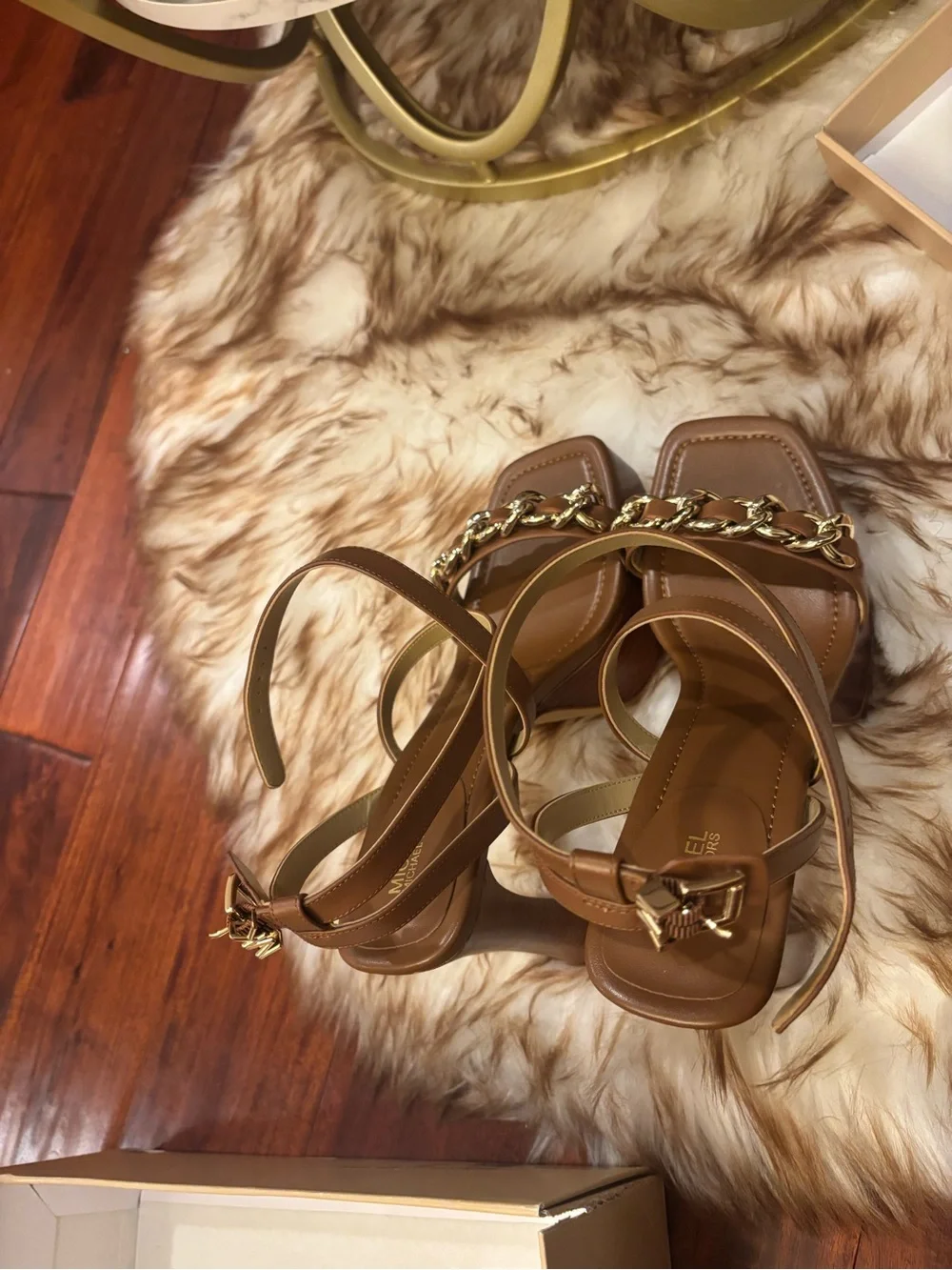 Michael Kors Brown Tan Platform High Heel Sandals with Gold Chain
